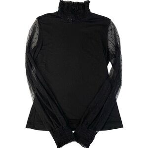 Pink Lily Black Sheer Polka Dot Mesh Sleeve Smocked Mock Neck Top M
